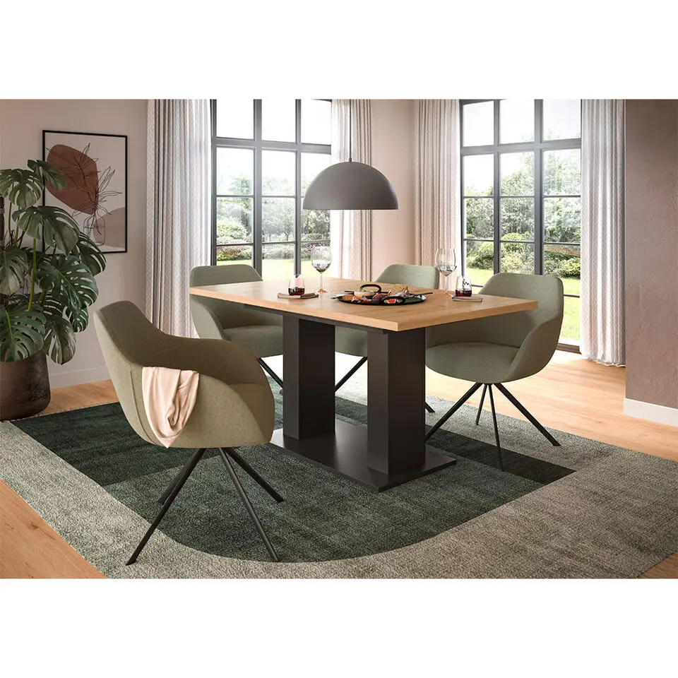 Hioshop Motion eetkamertafel dubbele zuilpoot 90x150/190cm incl 1 verlengblad