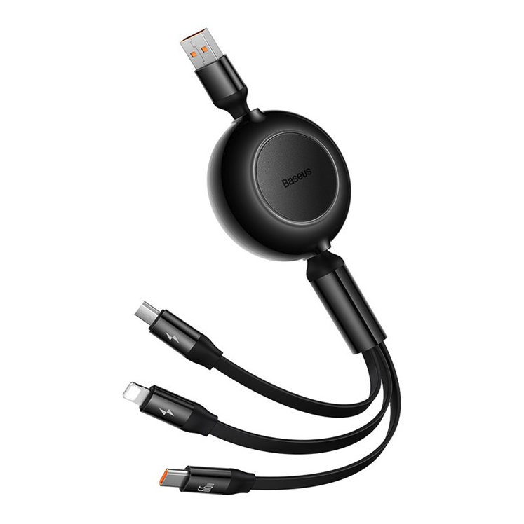 (1.1m) 66W/3.5A 3in1 Bright Mirror 2 Ausziehbares USB A auf USB C / Apple Lightning / Micro USB Ladekabel Datenkabel - Schwarz