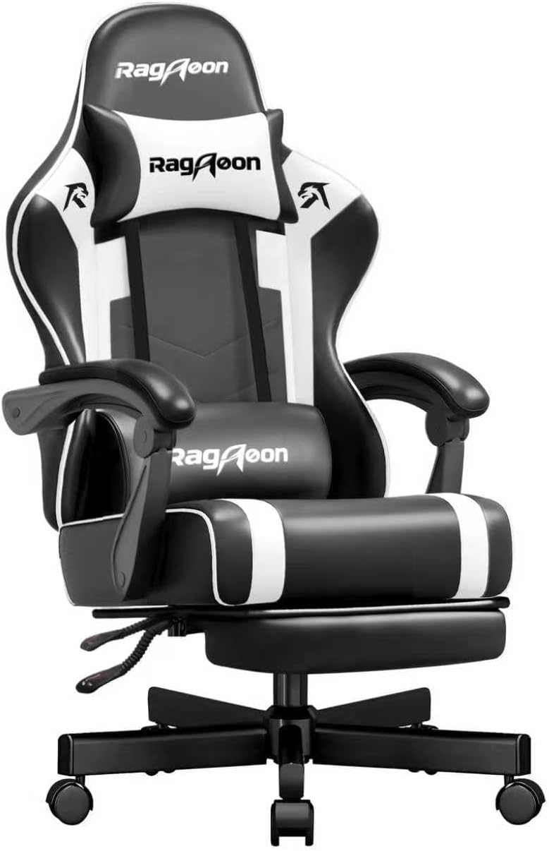 Gaming Stuhl Chair Gamer Sessel - Ergonomischer Gamer Stuhl Höhenverstellbar Gepolstert Gamingstuhl mit Fußstütze Kopfstütze und Lordosenstütz PC Sessel Drehsessel Tragkraft 150 Kg Schwarz