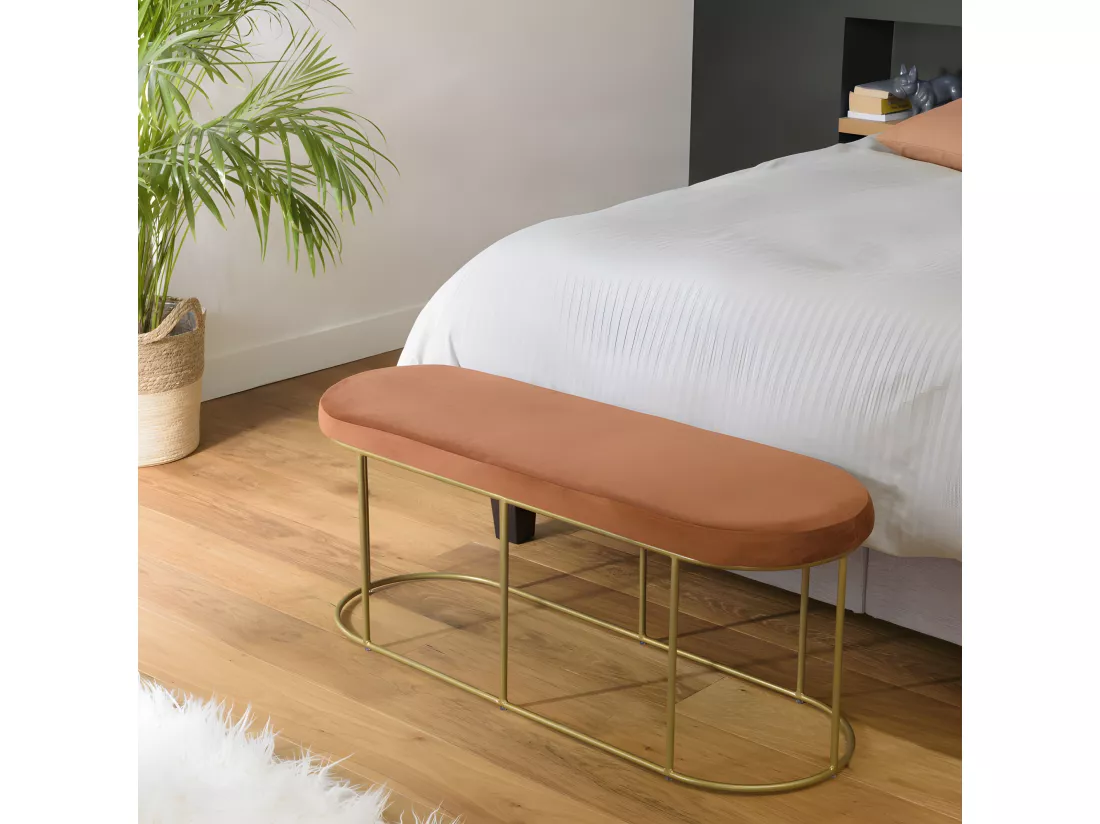 ALBANE - Banc velours orange pieds arrondis métal doré