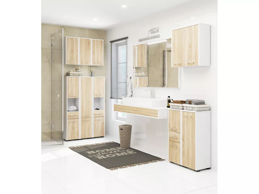 Colonne salle de bains AKORD FIN Blanche 30 cm 2 portes façade Chêne Sonoma 5 étagères 30x30x140 cm