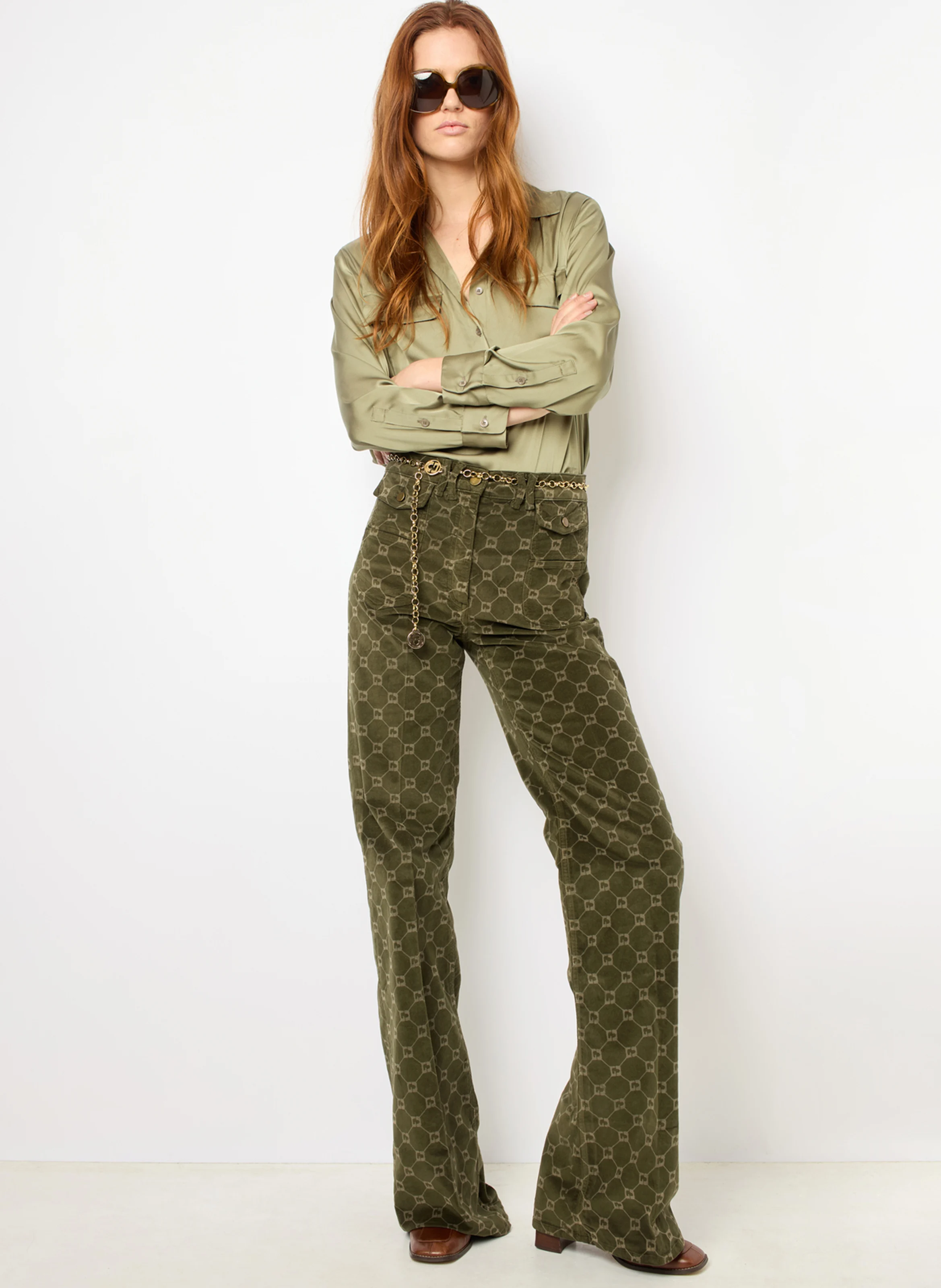 ANNA - Pantalon flare en coton mélangé | Vert