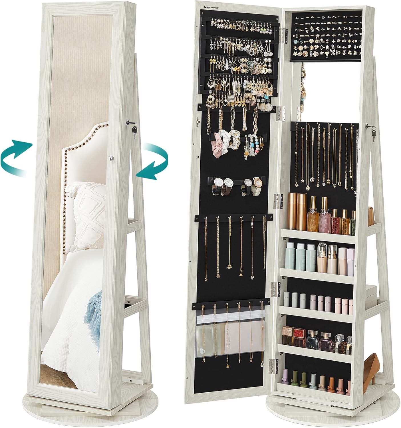 SONGMICS Schmuckschrank, Standspiegel, Spiegelschrank, mit Ganzkörperspiegel, um 360° drehbar, Schmuckaufbewahrung, abschließbar, mit Schlüsseln, Geschenkidee, weiß mit Grauer Holzmaserung JBC62W