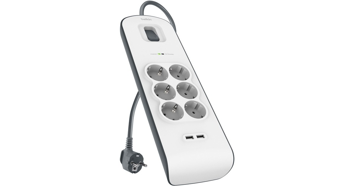 BelkinSpanningsbeveiliger met 6 stopcontacten en 2 USB-poorten  stekkerdoos  (Grijs/wit)
