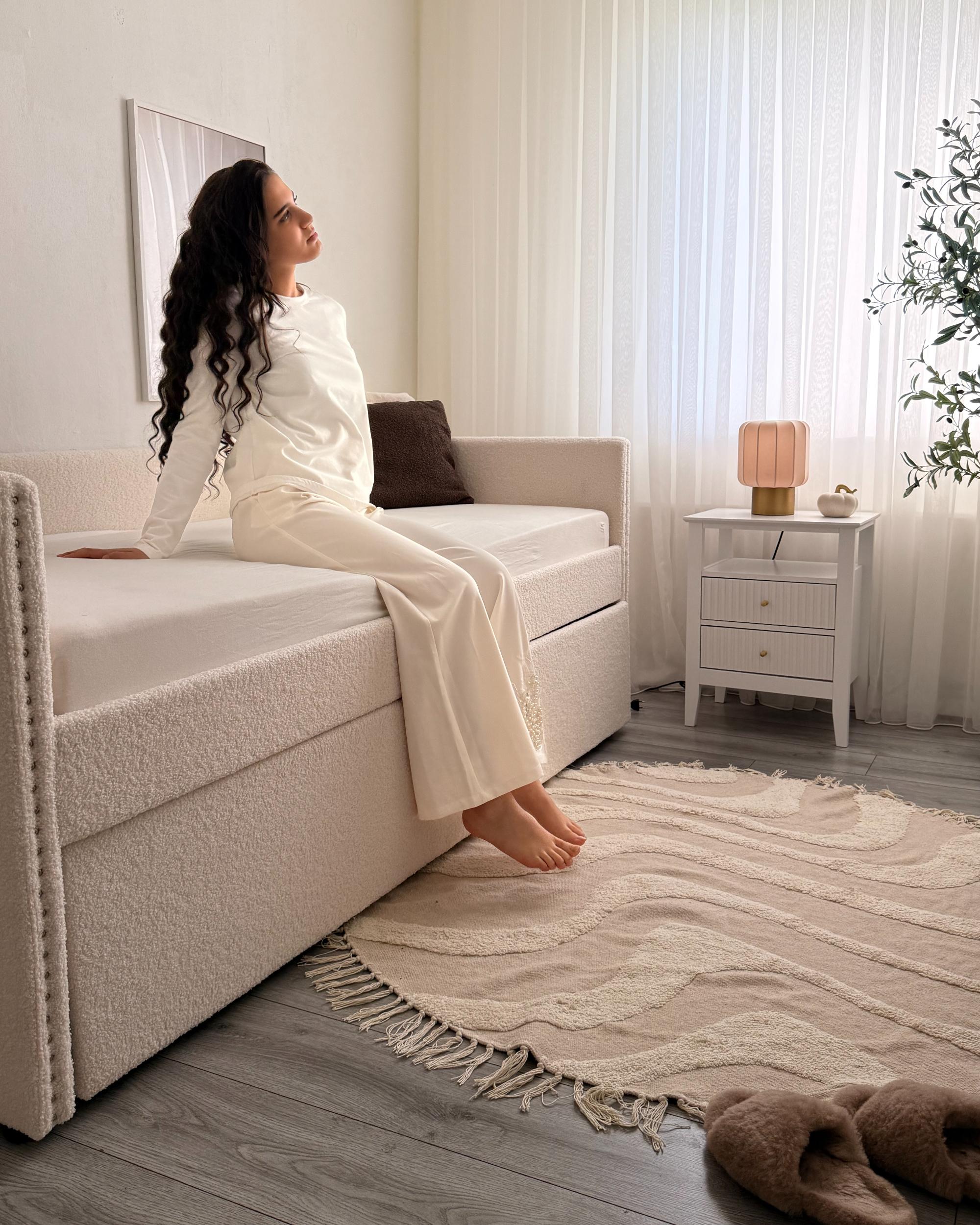 Onderschuifbed Bouclé TROYES 90 x 200 cm Lichtbeige