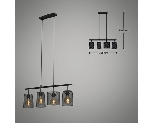 Hanglamp, 4-lichts, HxL 120x74 cm, zwart