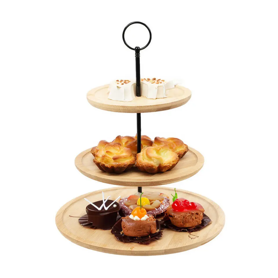 Excellent Houseware Etagere bamboe hout - 3-laags - D28 x H40 cm