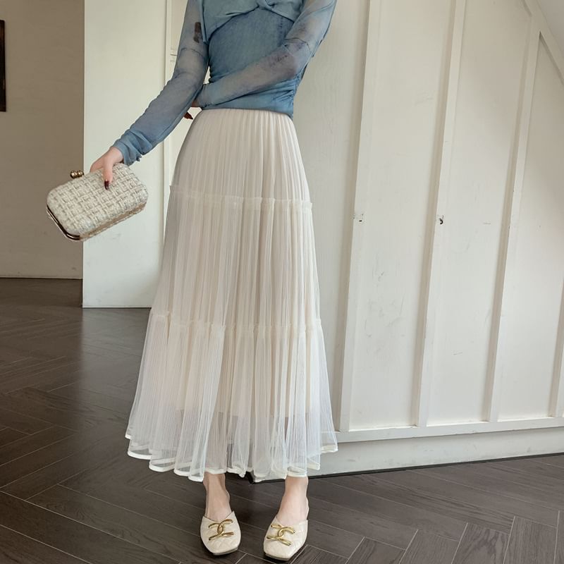 Luminato - Elastische taille, effen gelaagde mesh maxi-A-lijn rok