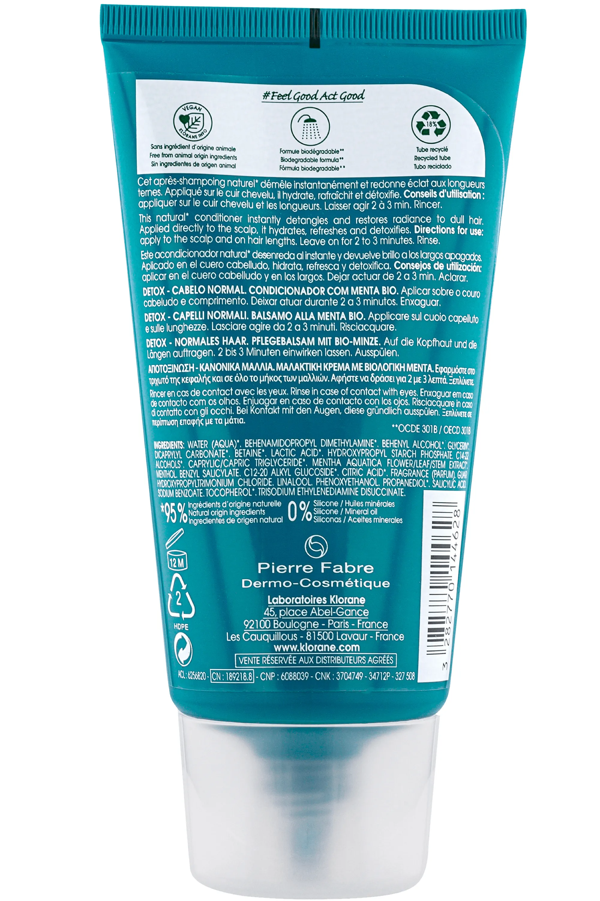 Klorane Après-shampoing détox à la Menthe aquatique bio pour cheveux normaux-150 ml