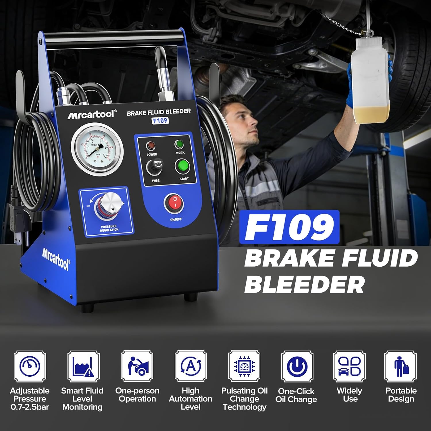 MRCARTOOL F109 KFZ Bremsenentlüftungsgerät 220V Auto Pulsierendes Automatisch Bremsenentlüftungsset Bremsflüssigkeitswechselgerät mit 1 Hauptbremszylinderadapter, 0.5~2.5Bar Einstellbarer Druck