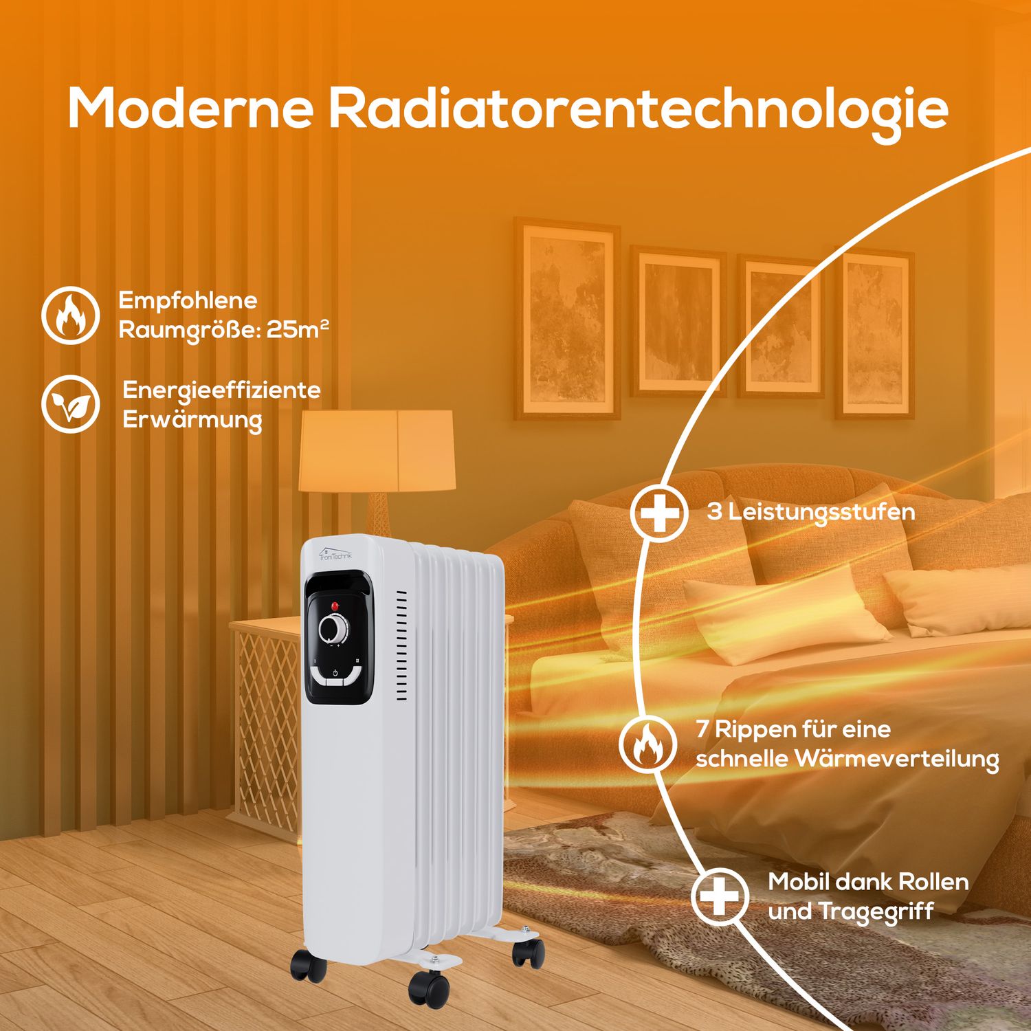 TroniTechnik® Ölradiator Elektroheizung TT-OR 207 in weiß mit 7 Rippen und 1500 Watt, drei Heizstufen (600W, 900W, 1500W)