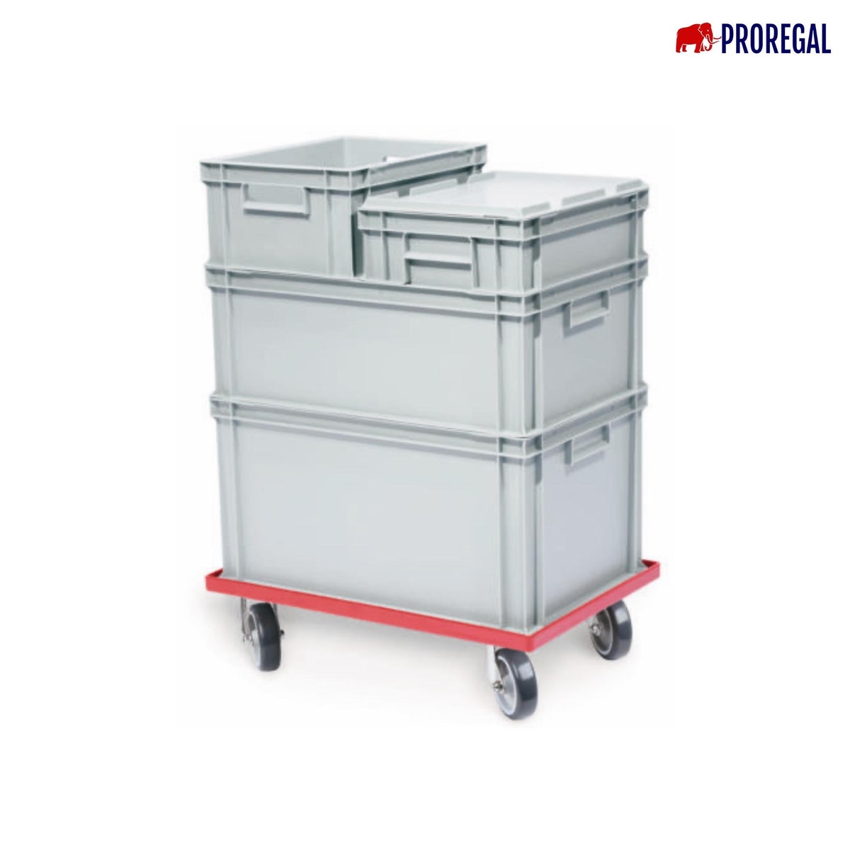PROREGAL transportwagen voor Euroboxen 60 x 40 cm met rubberen wielen, rood, roostervloer, 2 zwenkwielen en 2 bokwielen, draagvermogen 300 kg