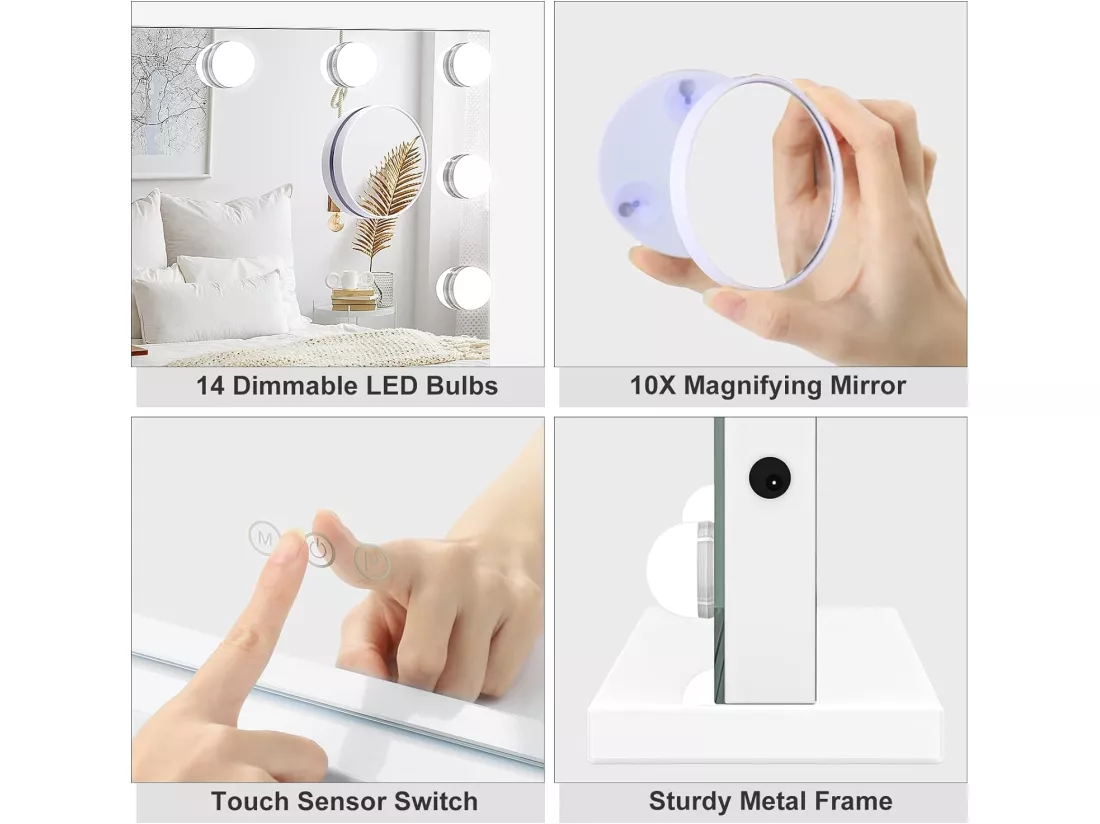 Miroir Maquillage Lumineux,Miroir LED 14 Lumières Miroir Hollywood Miroir Coiffeuse Contrôle Tactile Miroir Lumineux 3 Modes Luminosité Réglable 50x42cm - Blanc