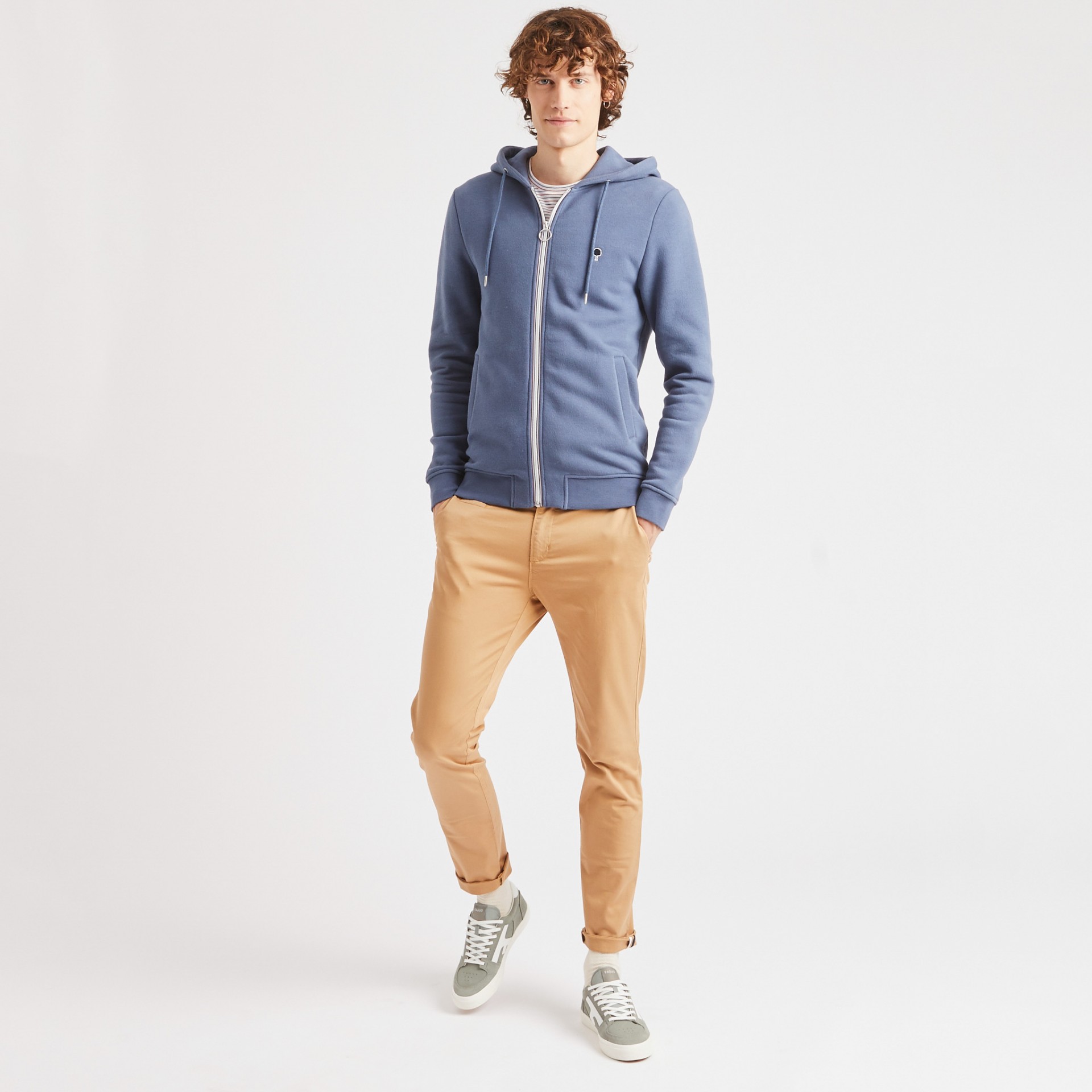 Sweat à capuche zippé bleu coton et polyester recyclé - modèle Mesnil