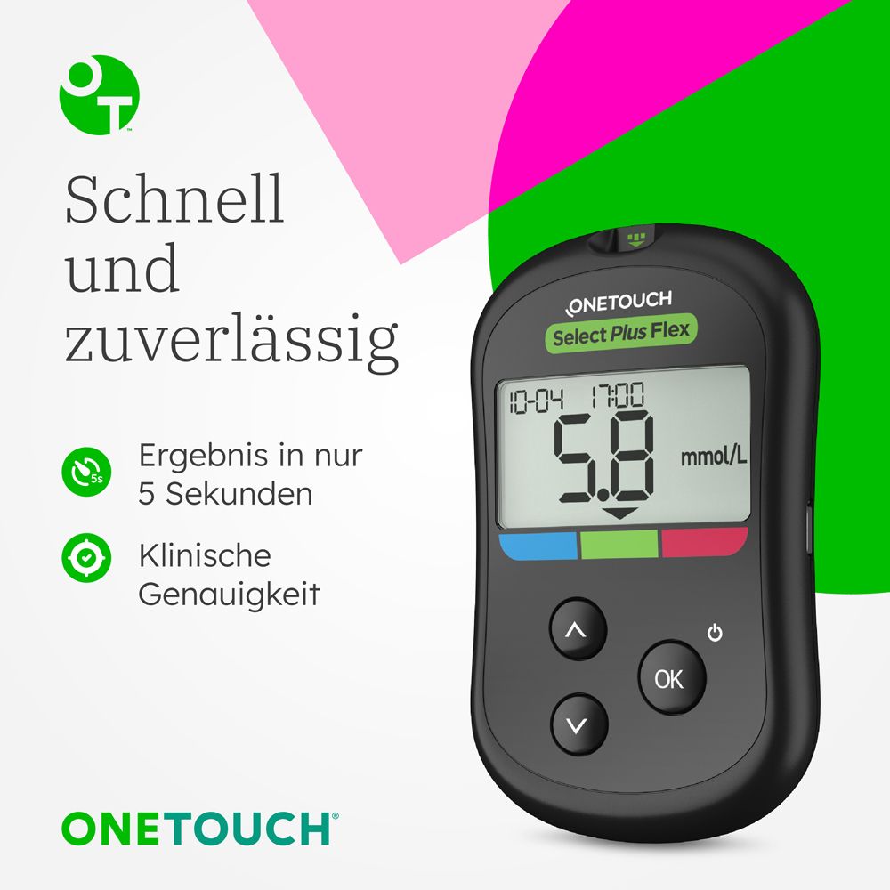 OneTouch Select Plus Flex® Diabetes Starter-Set mmol/l, 40 Teststreifen, 40 sterile Lanzetten, 1 Stechhilfe