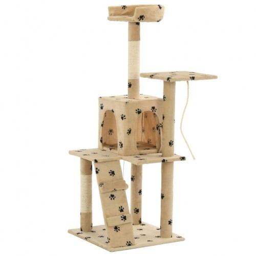 Arranhador de sisal para gatos, bege, com pegadas de patas.