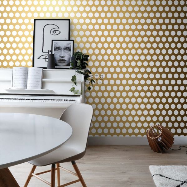 Estahome Grote Stippen - 0,53 x 10,05 m - Glanzend Goud / Wit