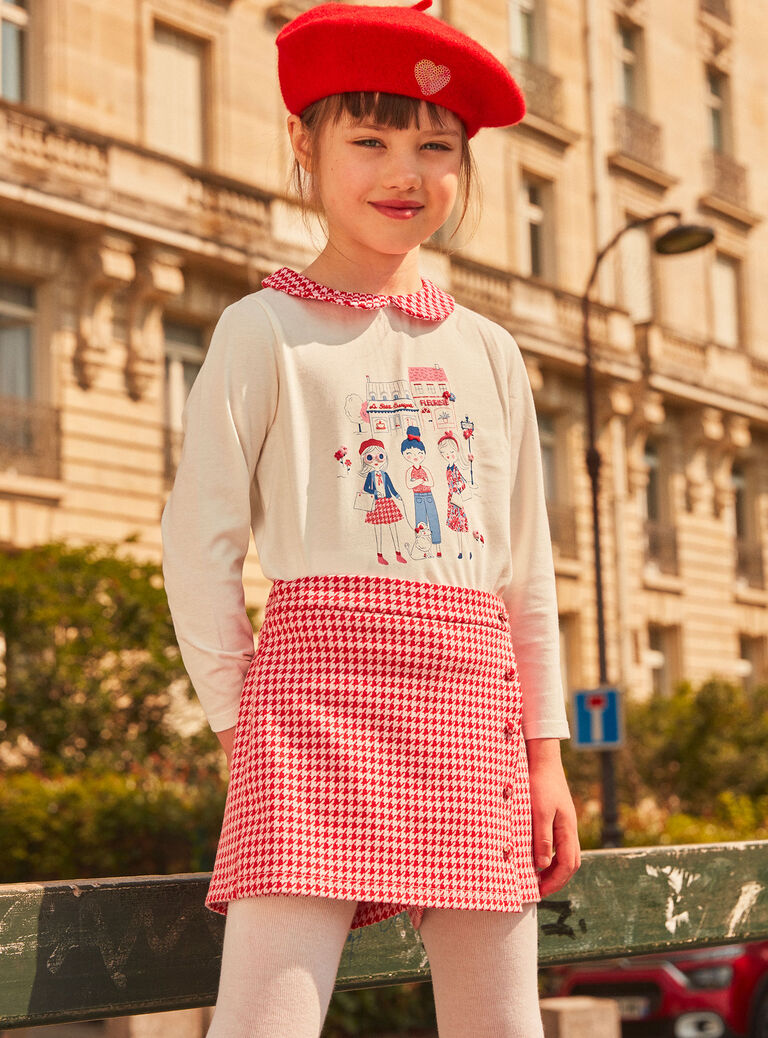 Jupe-short rose barbapapa et rouge à imprimé pied-de-poule