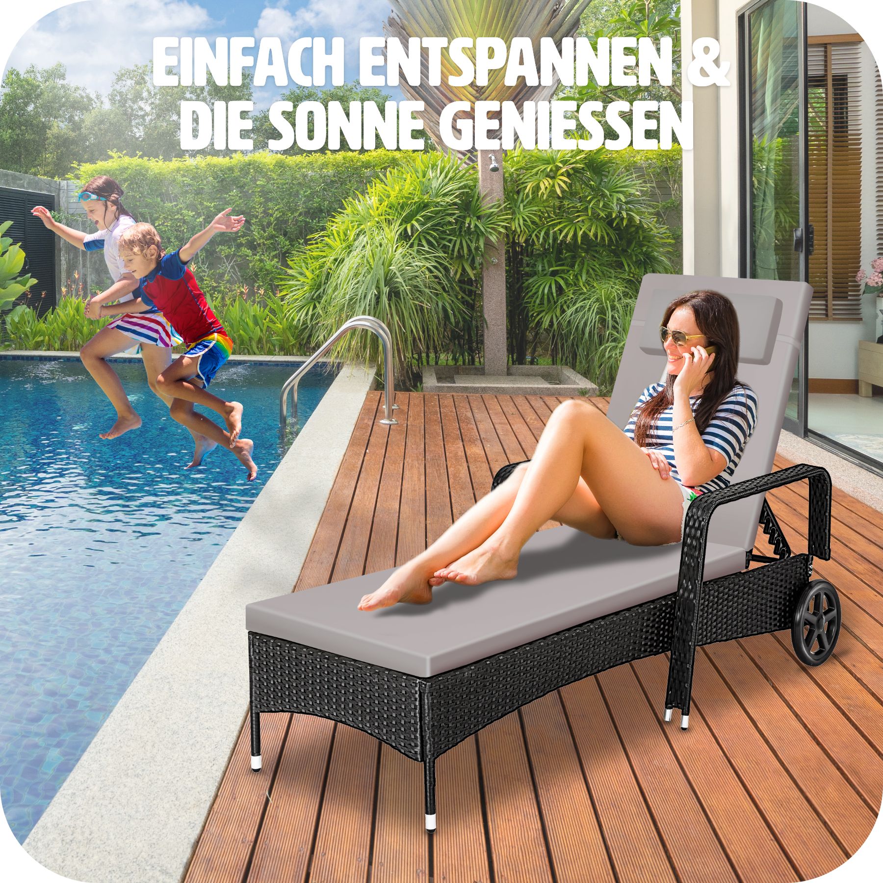 tectake® Rattan Sonnenliege, mit Aluminiumgestell, 6-fach verstellbare Rückenlehne, 196 x 72 x 57 - 94,5 cm