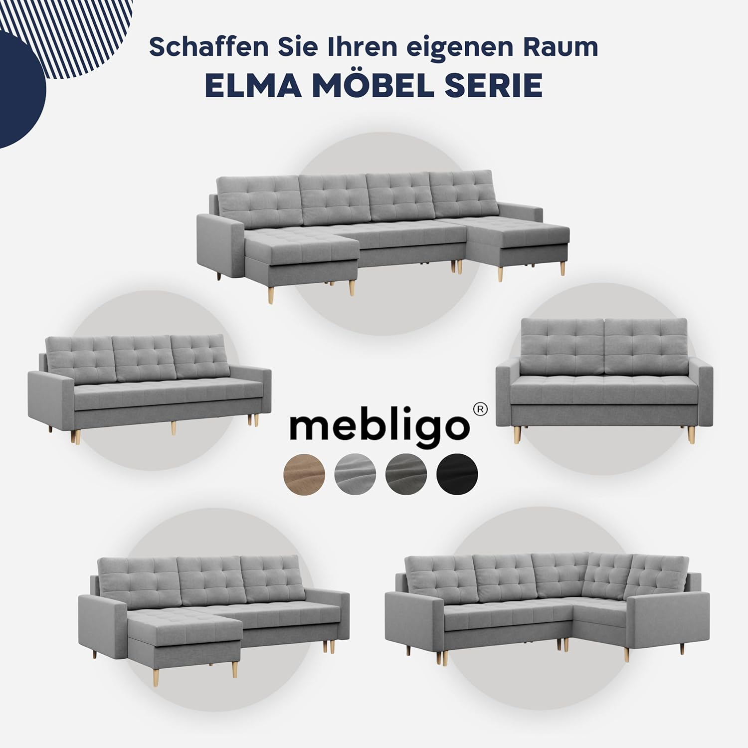 Mebligo - Ecksofa mit Schlaffunktion und Bettkasten Elma, Eckcouch mit Ottomane Links, Sofa L Form (BxTxH) 223 x 172 x 88 cm, Couch Wohnzimmer, Ecke Sofa, Schwarz (Lux 23)