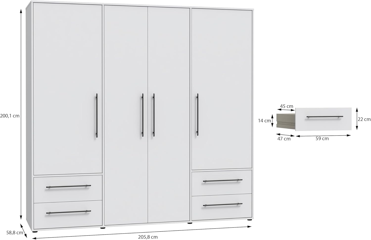 FORTE Jupiter Schrank 200 210, weißer Kleiderschrank, Drehtürenschrank, 3-türig, mit 2 Schubladen und Einlegeböden, Weiß, 206 cm breit x 59 cm tief x 200 cm hoch