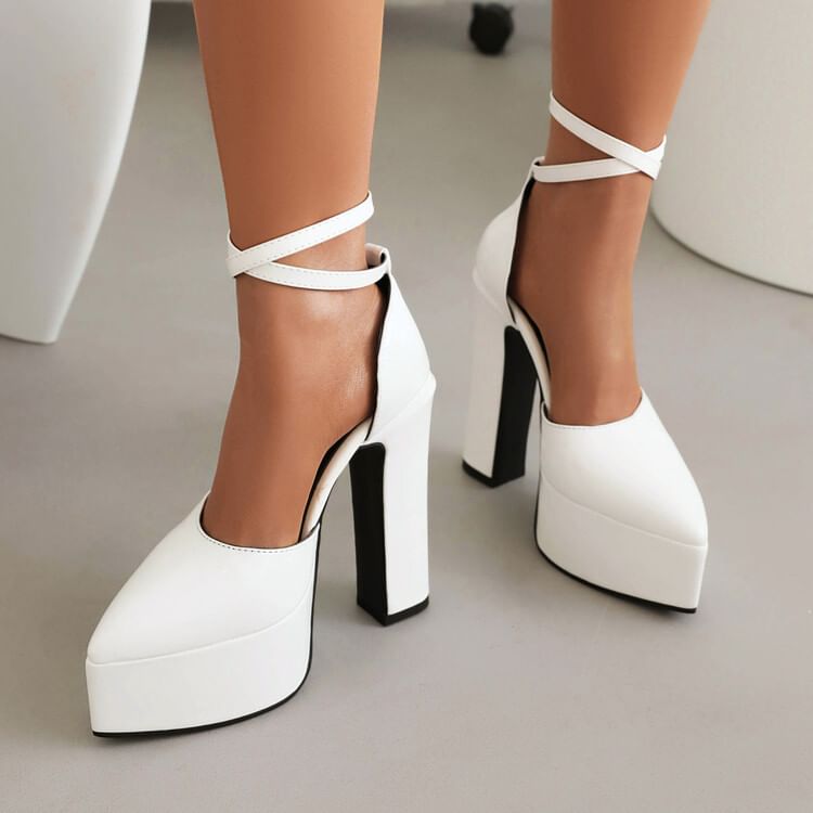 Freesia - Puntige neus, plateau enkelband D'Orsay blokhak pumps