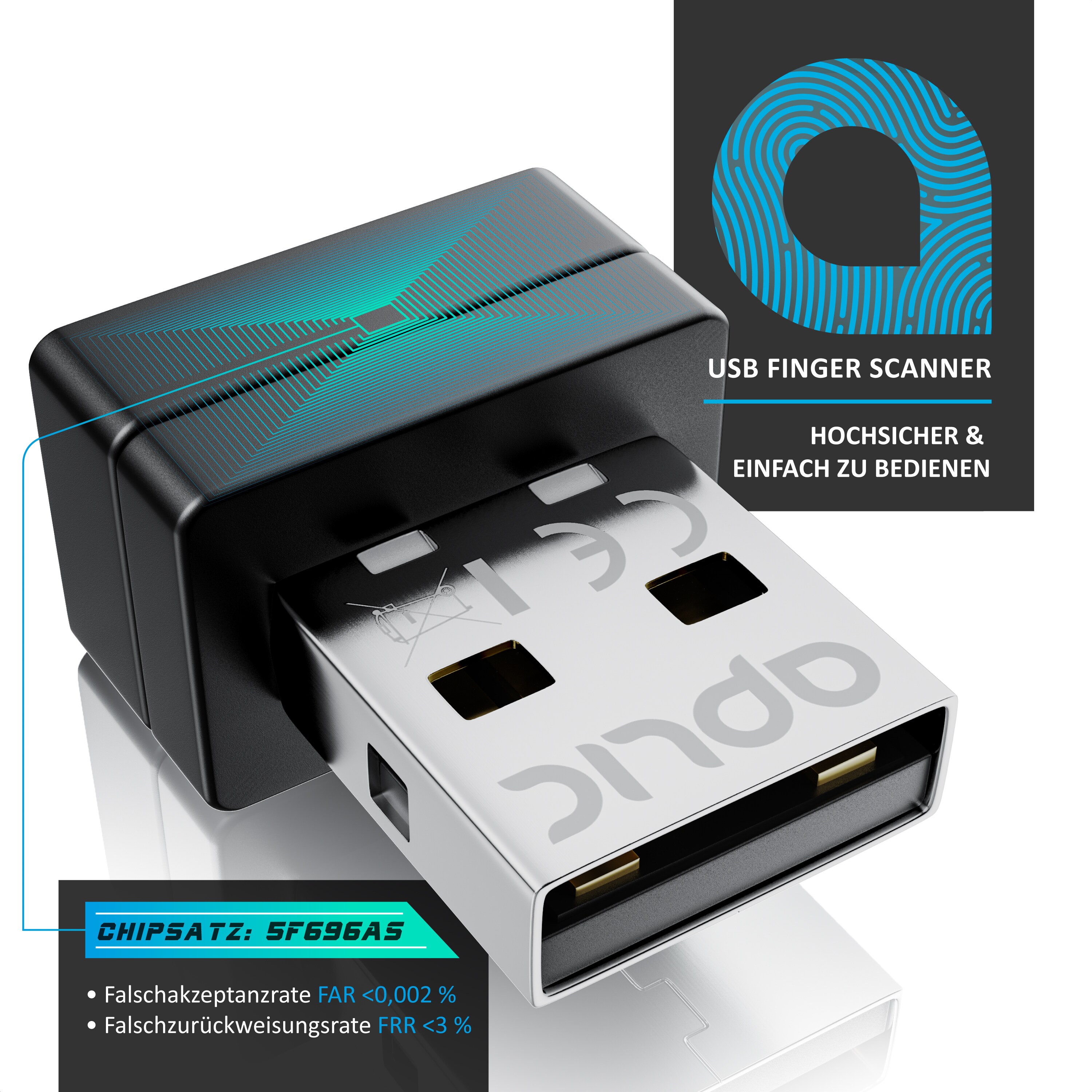 Aplic USB Fingerabdrucksensor Fingerabdruckleser - bis zu 10 IDs - Windows 8 10 11 - unterstützt bis zu 10 IDs - USB - Plug & Play - Finger Scanner