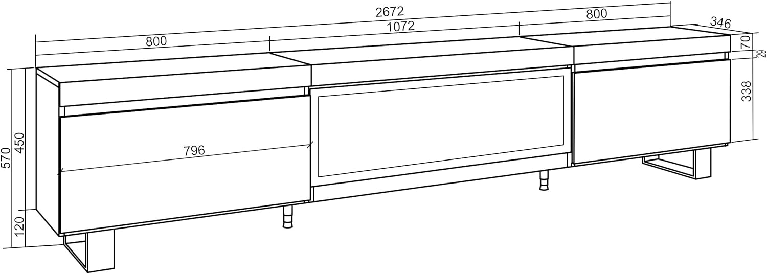 Skraut Home | TV-Schrank, Lowboard | für Wohnzimmer und Esszimmer | 267x57x35 cm | Für großformatiges TV | Elektrokamin XXL | Industriedesign | Moderner Stil | Eiche