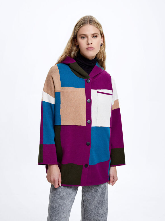 Cardigã de tricô com blocos de cores - Multicolorido