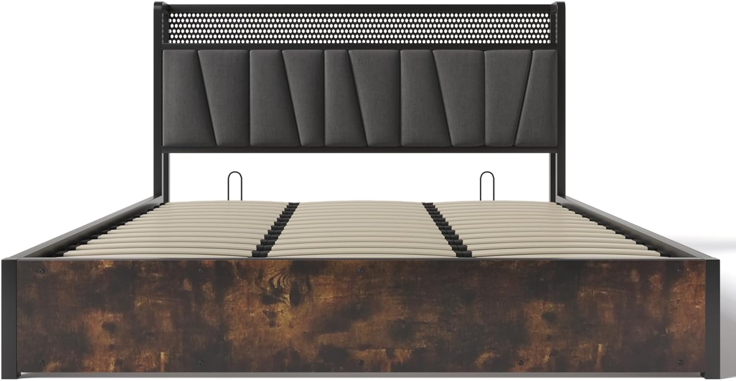 Polsterbett 180x200cm, Hydraulisch Doppelbett mit Stauraum und Lattenrost, LED Kopfteil mit USB Ladefunktion, Stauraumbett Metallbett Jugendbett Bettgestell, Leinen (Grau, Ohne Matratze, 180x200cm)