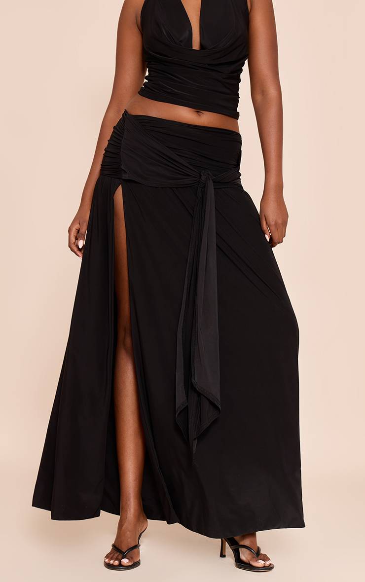 Noir Jupe Longue Drapée À Nœud En Tissu Slinky Double Épaisseur