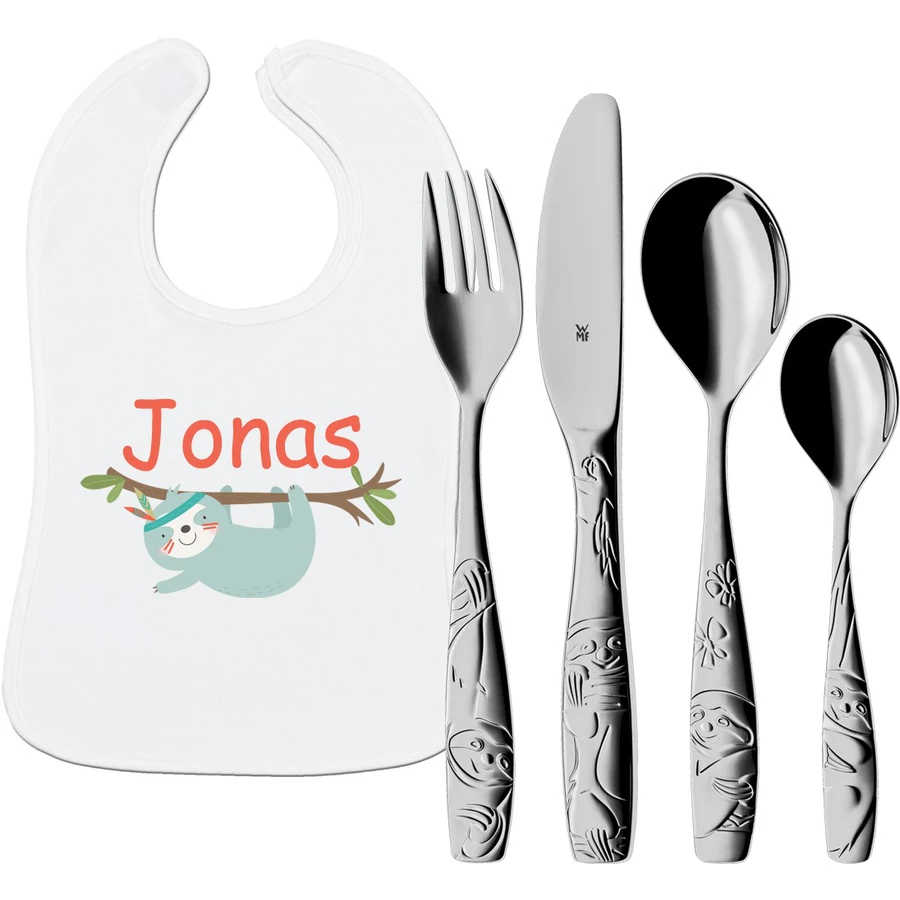 Schnullireich Geschenkset mit Namen WMF Kinderbesteck Tommy + Lätzchen Kleines Faultier Silber