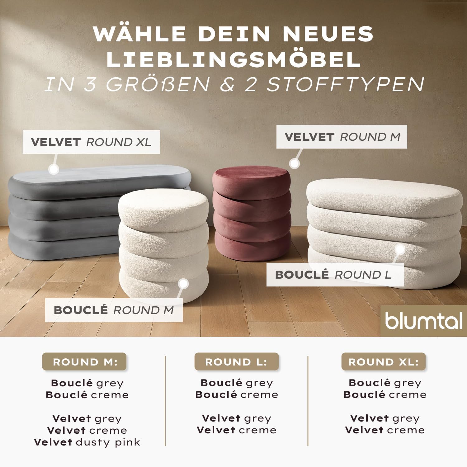 Blumtal Sitzbank mit Stauraum XL oval, Bouclé-Bezug - robuste Truhenbank mit Stauraum & Bouclé-Stoff-Bezug 110 x 45 x 42.5 cm - Truhe mit Stauraum - Schuhbank mit Sitzfläche - Pouf Hocker Creme