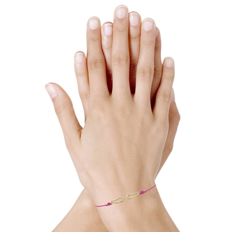 Bracelet Plaqué Or sur Lien Deux Petites Ailes d'Ange Ajourées - Fuchsia
