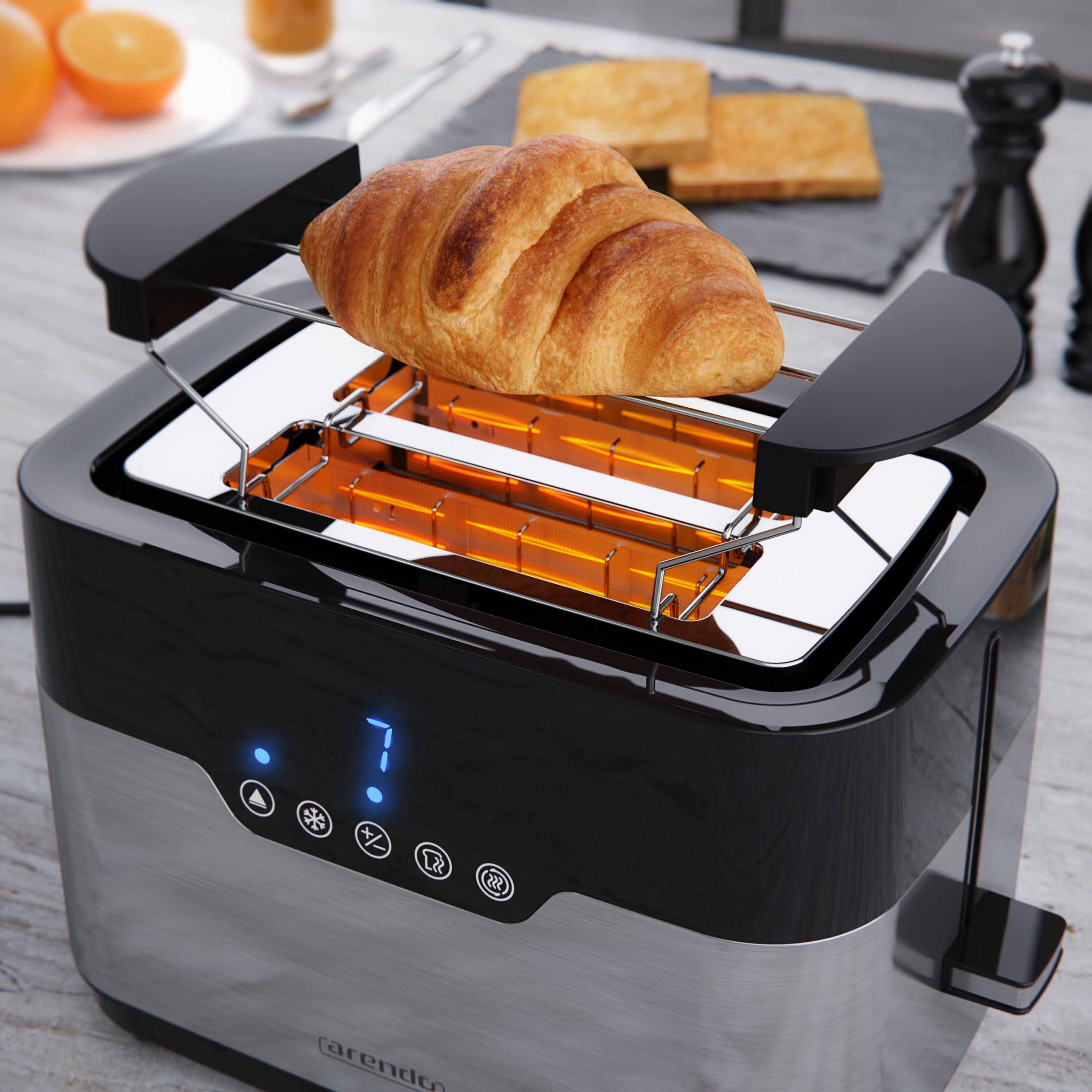 Arendo 2-Scheiben Toaster MORGEN Edelstahl, 920 W, mit extra breiten Schlitzen, Touchpanel mit LED-Anzeige, Schwarz/Silber