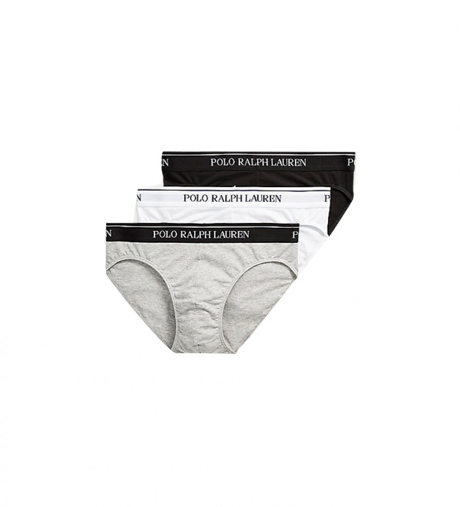 Conjunto de 3 calcinhas de cintura baixa Ralph Lauren nas cores preto, cinza e branco.
