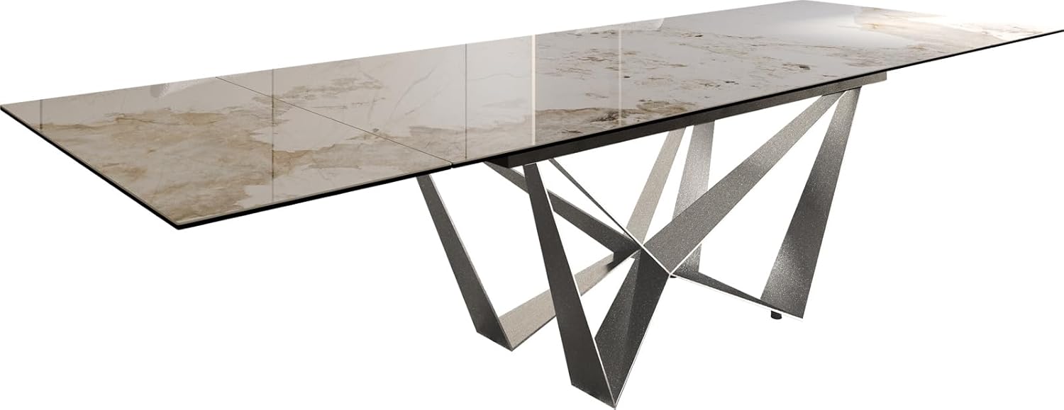 DELIFE Esszimmertisch Edge Keramik Minas Melange Weiß-Beige 200-300x100 Spider Flachstahl Edelstahl ausziehbar