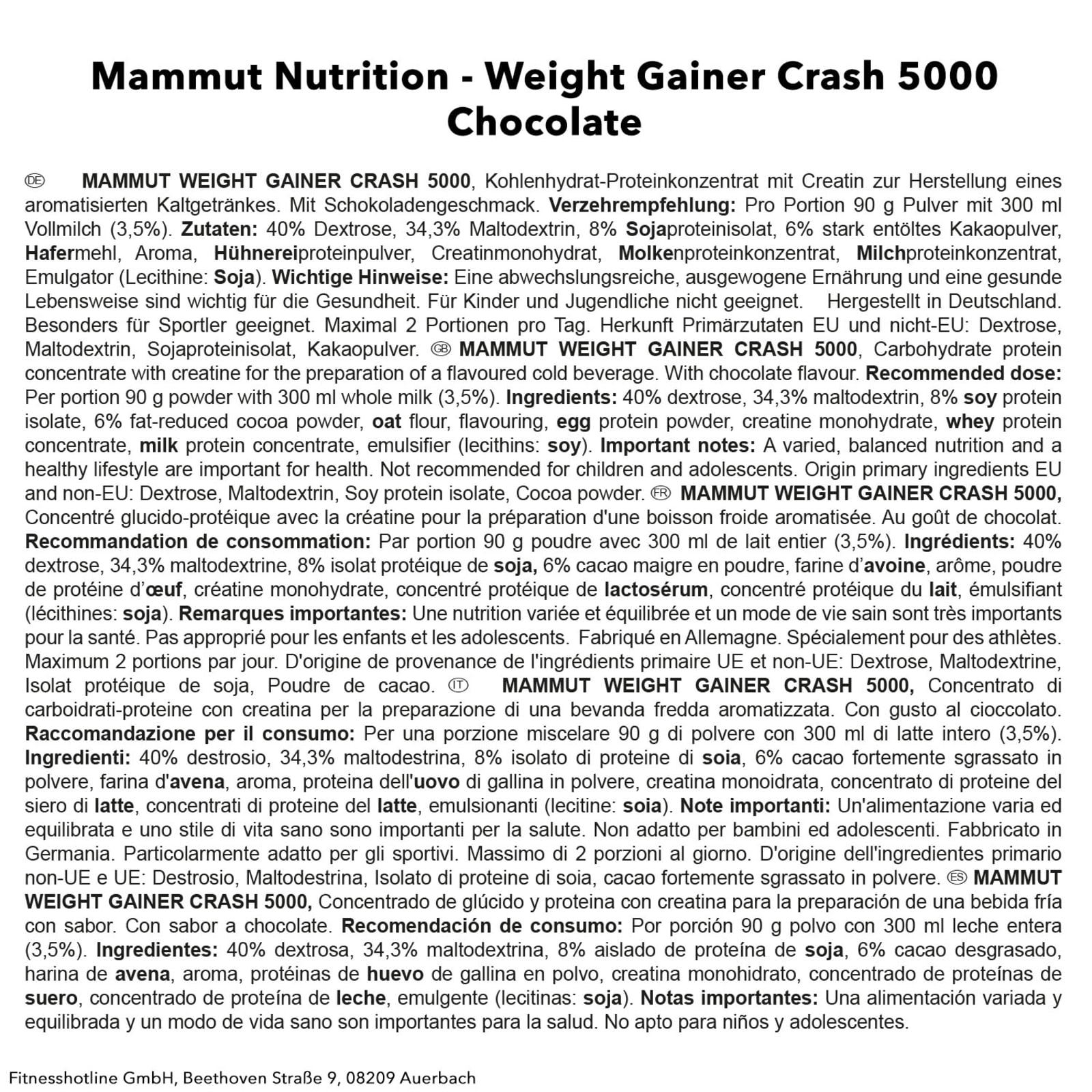 Weight Gainer Crash 5000 - 4500g - Schokolade