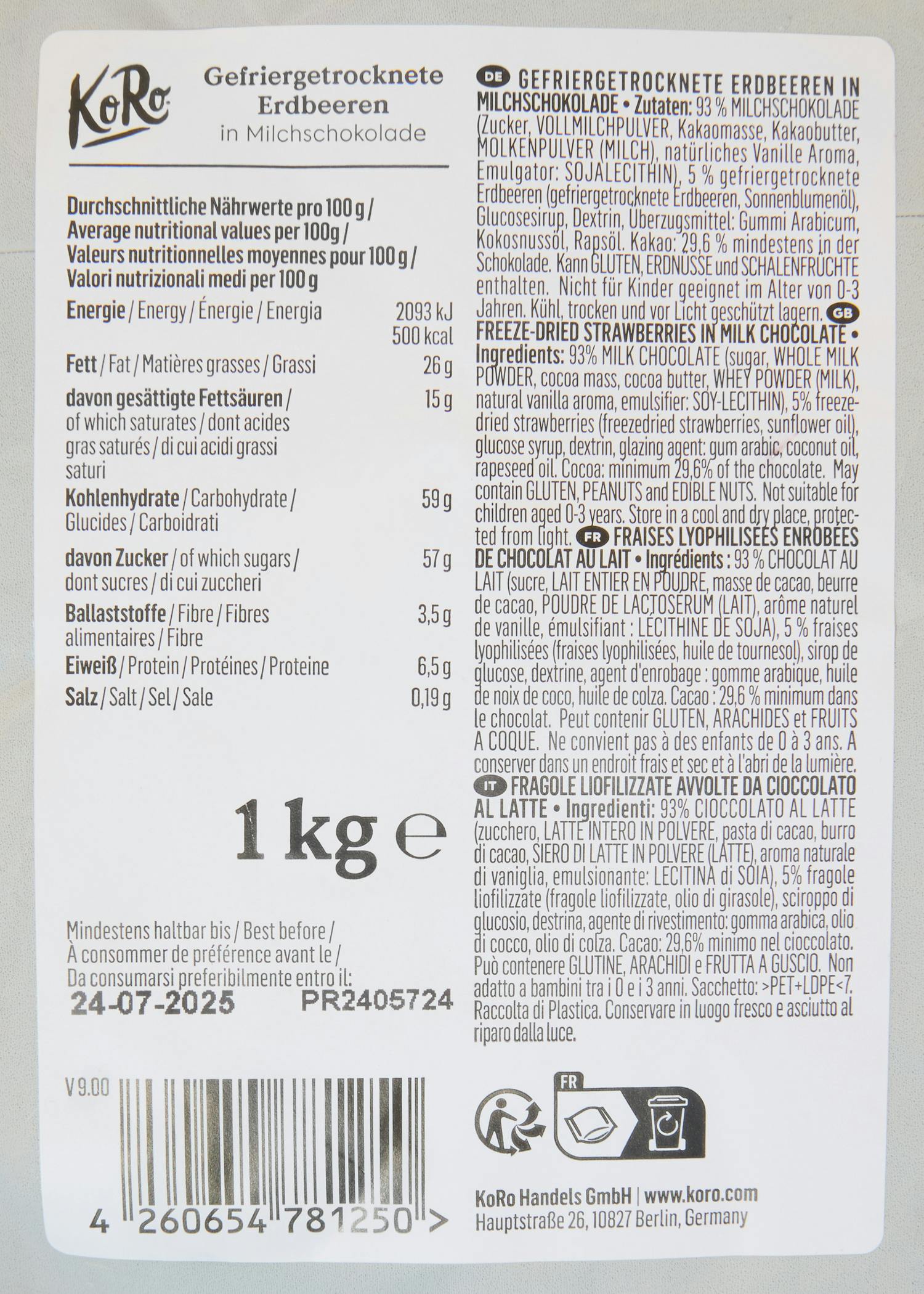 Gefriergetrocknete Erdbeeren in Milchschokolade 1 kg