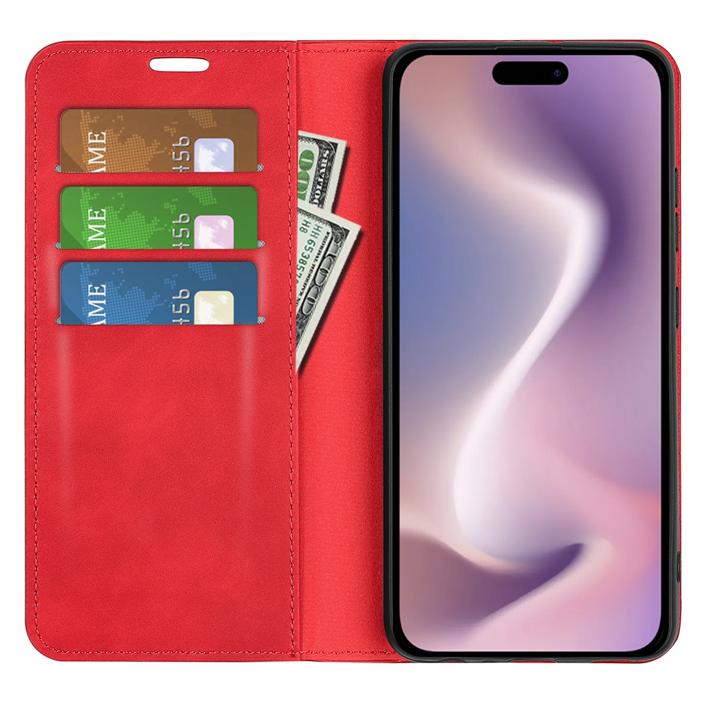iPhone 16 Vintage Leder Tasche Flip Cover Fashion Design - Rot