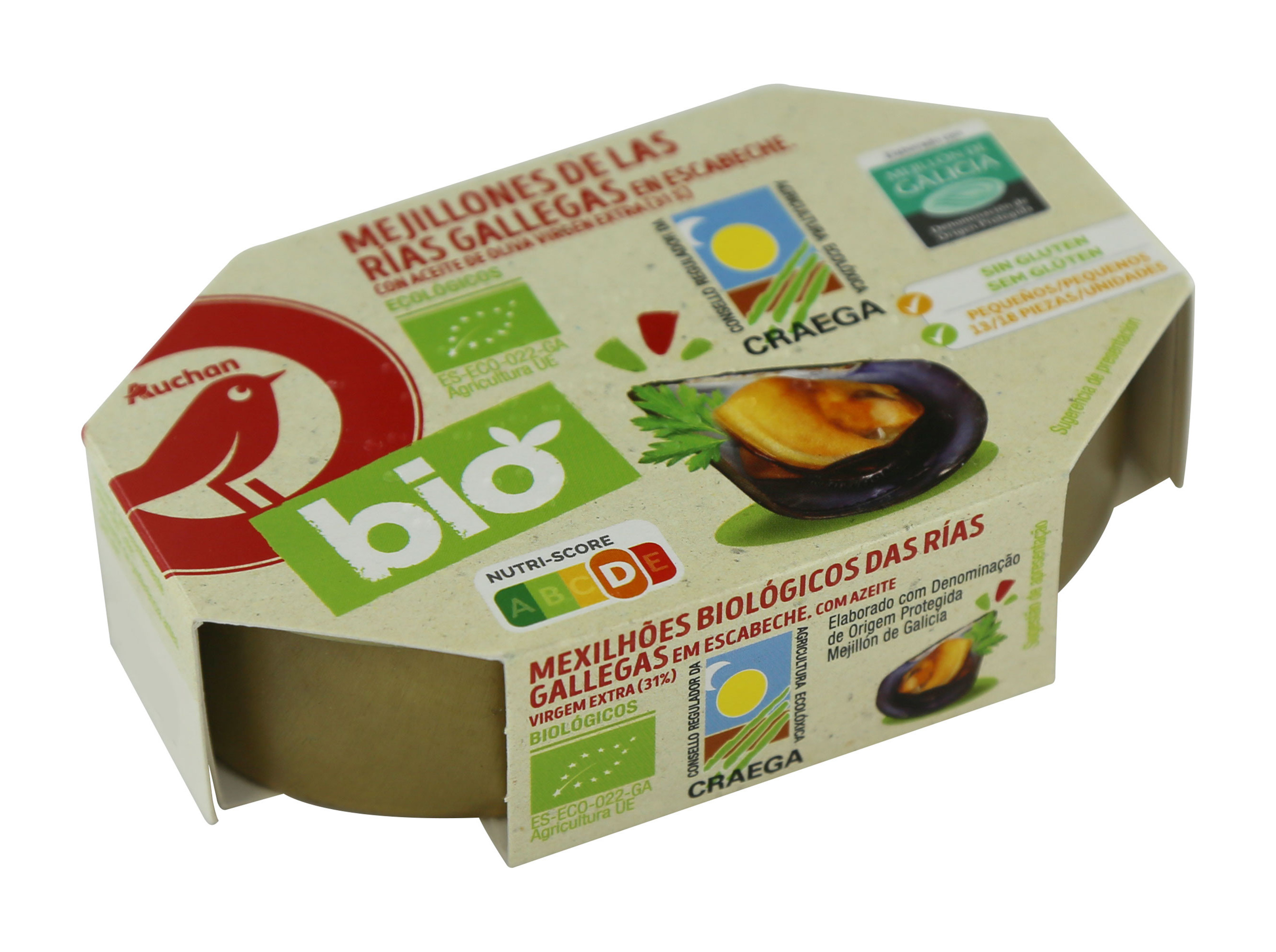 MEXILHÕES AUCHAN BIO DAS RIAS GALLEGA EM ESCABECHE COM AZEITE VIRGEM EXTRA 111(69)G
