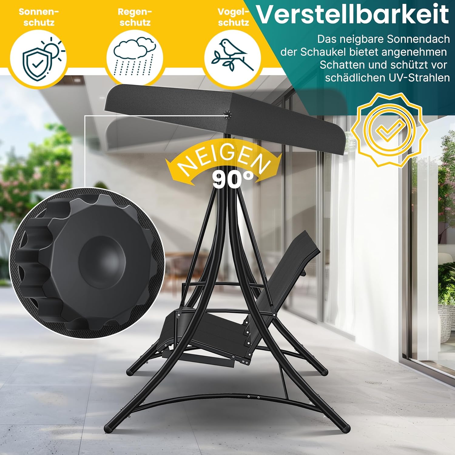 KESSER® Hollywoodschaukel mit Sonnendach 3-Sitzer | Gartenschaukel bis 300kg belastbar | Gartenliege mit Anti-Rutsch-Füßen | Schaukelbank wasserabweisend Outdoor & Indoor (Hellgrau)