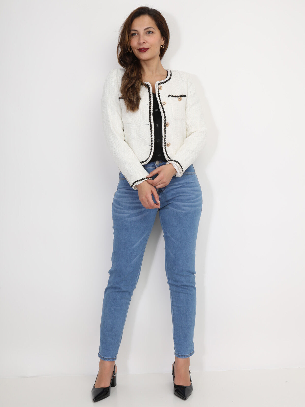 Veste en tweed à boutons et liserés torsadés- Blanc