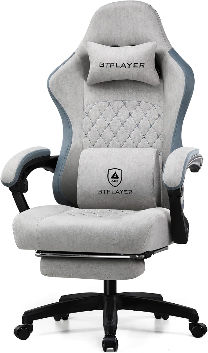 GTPLAYER Gaming Stuhl Ergonomischer Gaming Sessel Schreibtischstuhl mit Stoffoberfläche, Federsitzkissen, Verbindungsarmlehnen und Fußstütze Grau