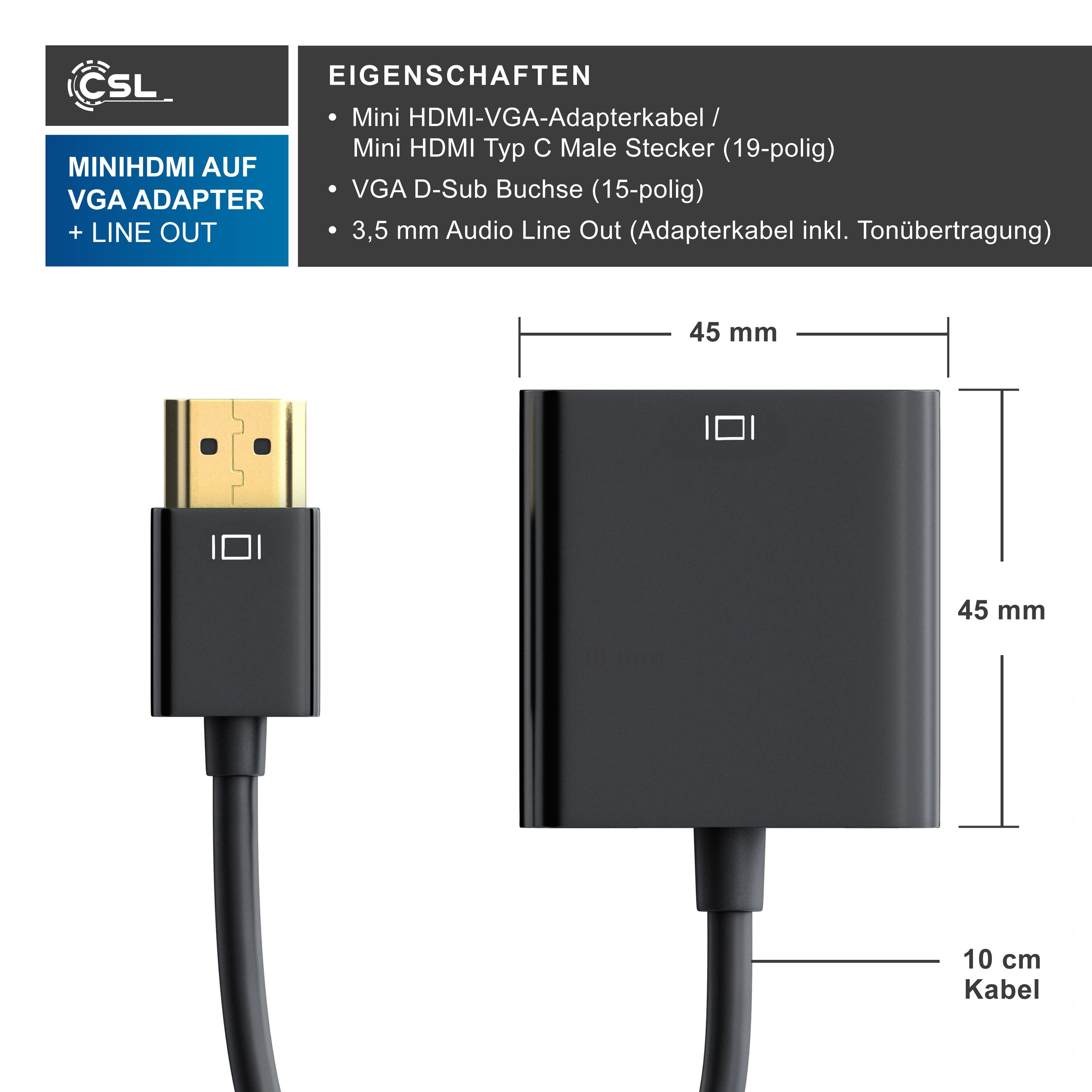 CSL HDMI Typ C (Mini) zu VGA & 3,5mm-Klinke, Full HD Mini HDMI auf VGA Video/Audio Adapter