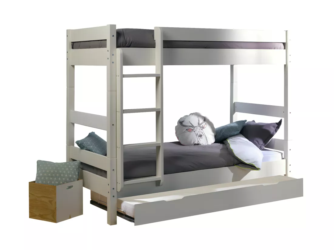 Pack lit superposé séparable gigogne avec matelas 90x190 cm bois massif blanc AARON