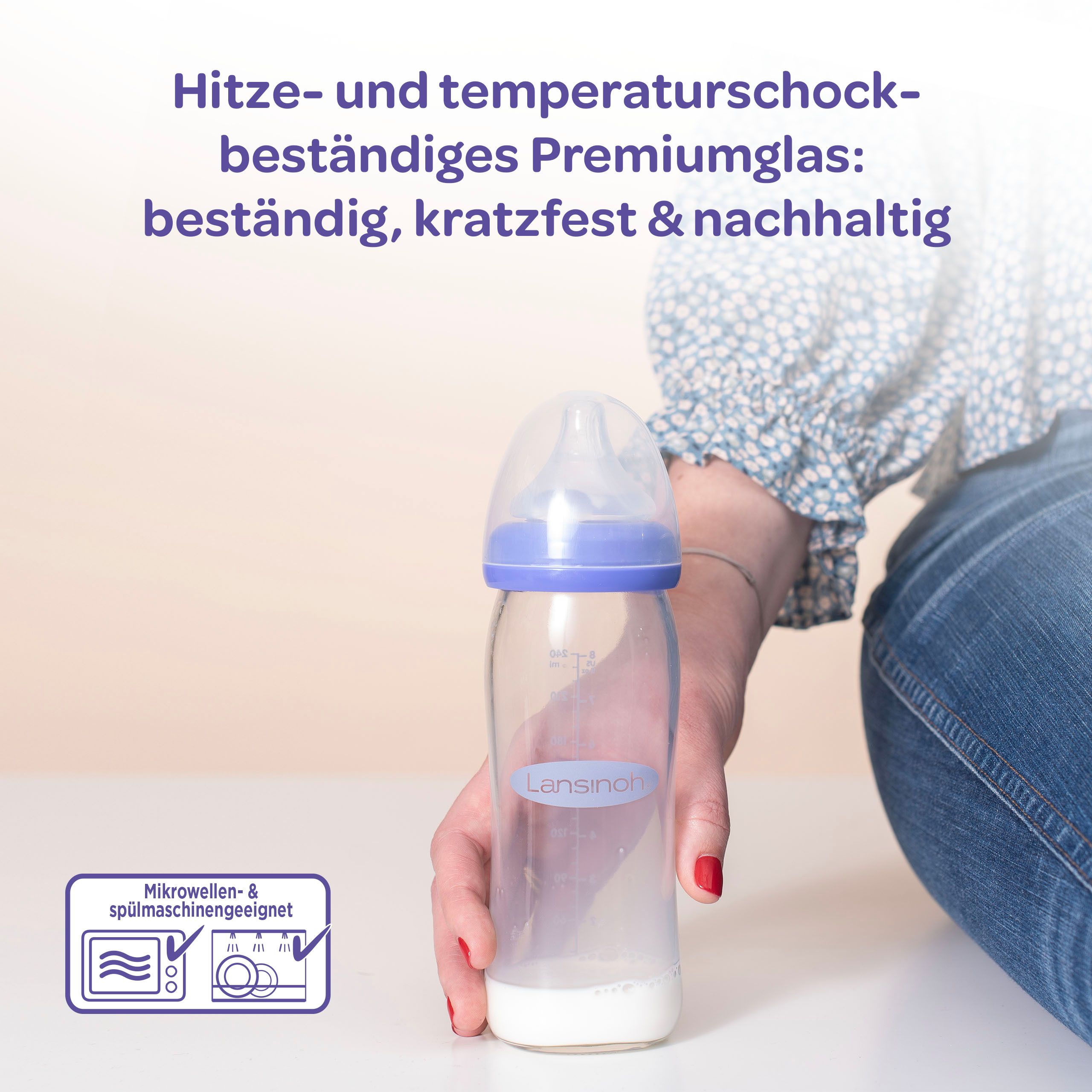 Lansinoh mOmma Glas Babyflasche 240ml mit Natural Wave Silikonsauger M