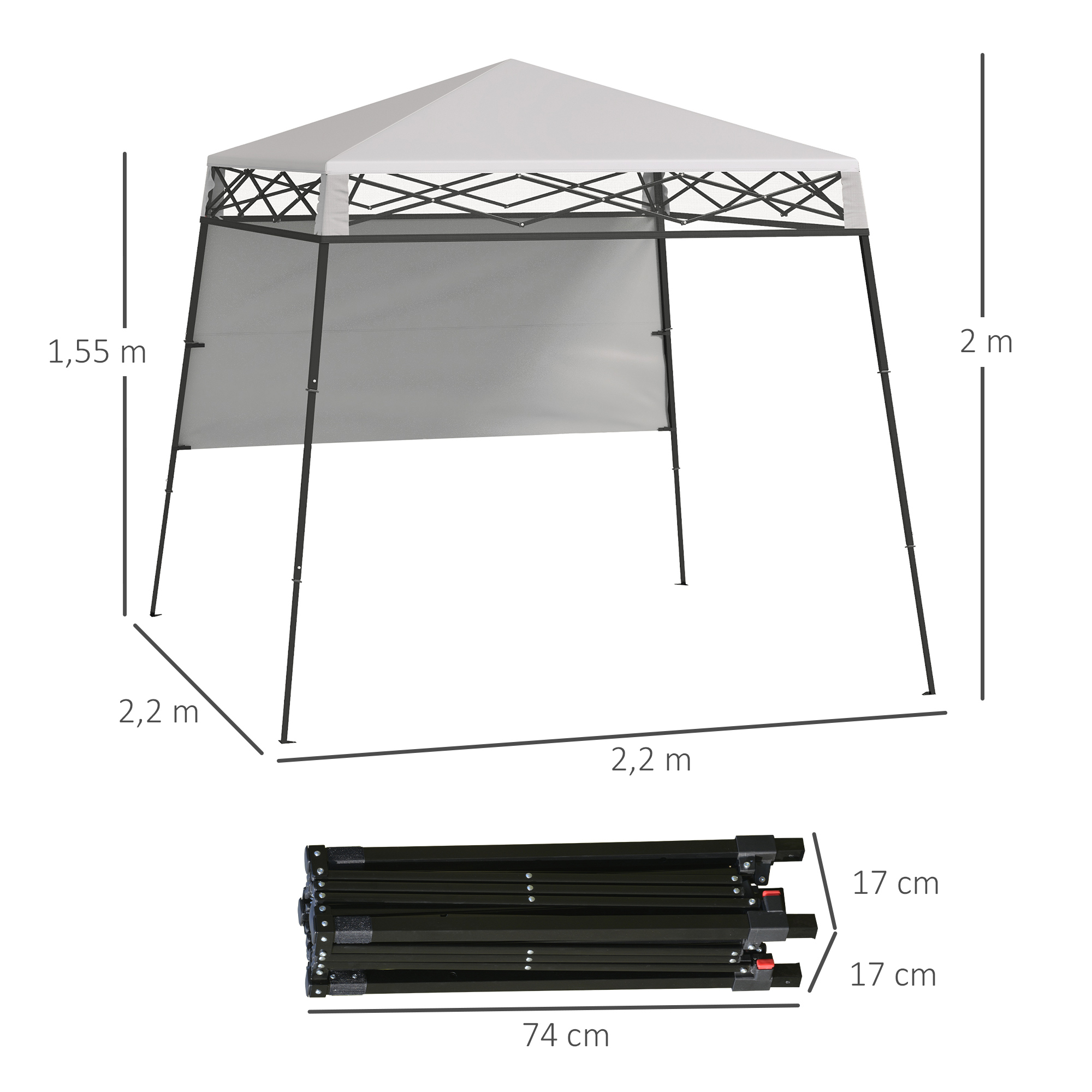 Gazebo dobrável Outsunny 220x220x200 cm, com 1 parede lateral, bolsa de transporte, impermeável e com proteção UV50+ para jardim e pátio, branco.