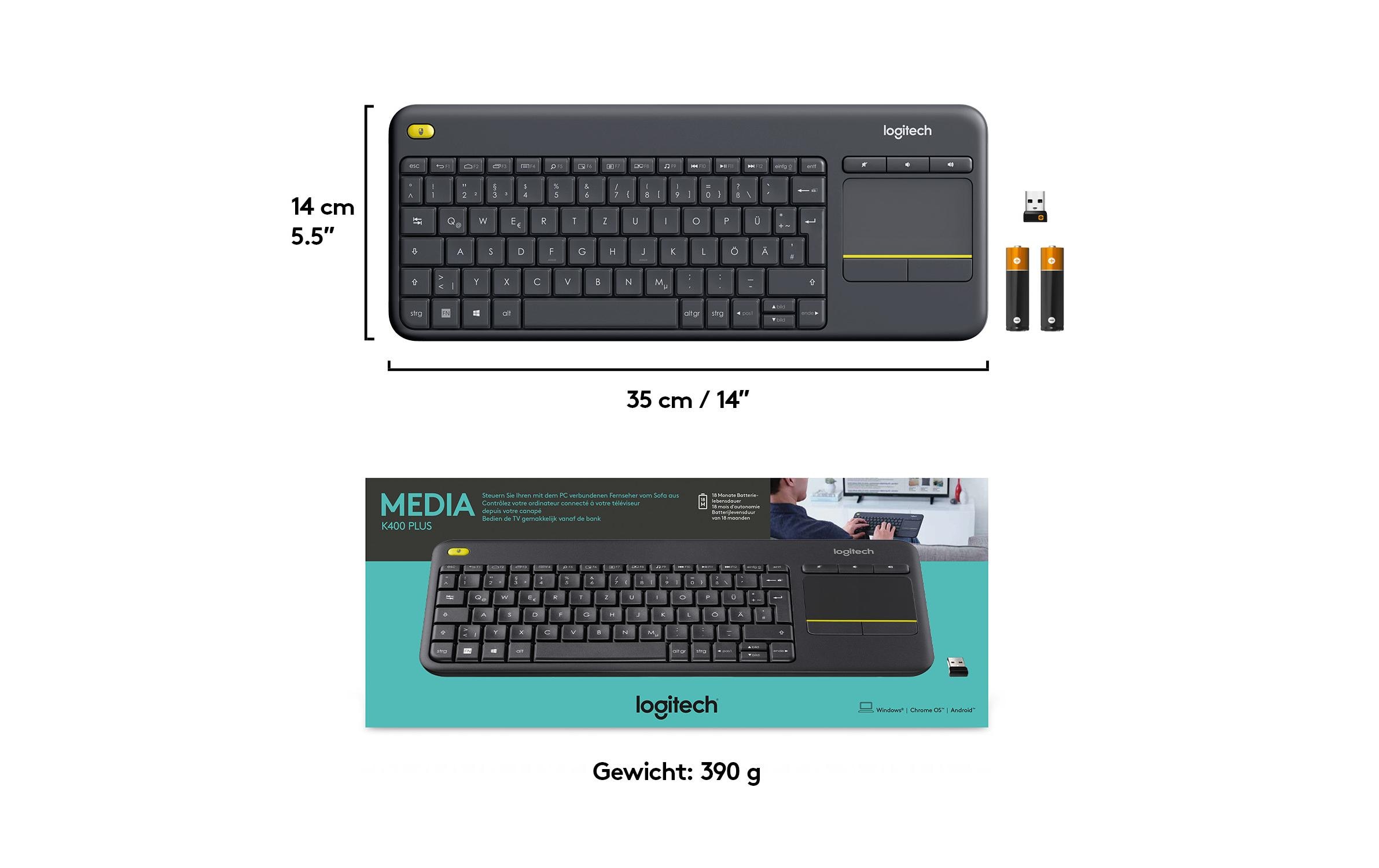 Tastatur K400 Plus CH-LayoutKabellose Tastatur mit Touchpad, CH-Layout, dunkelgrau