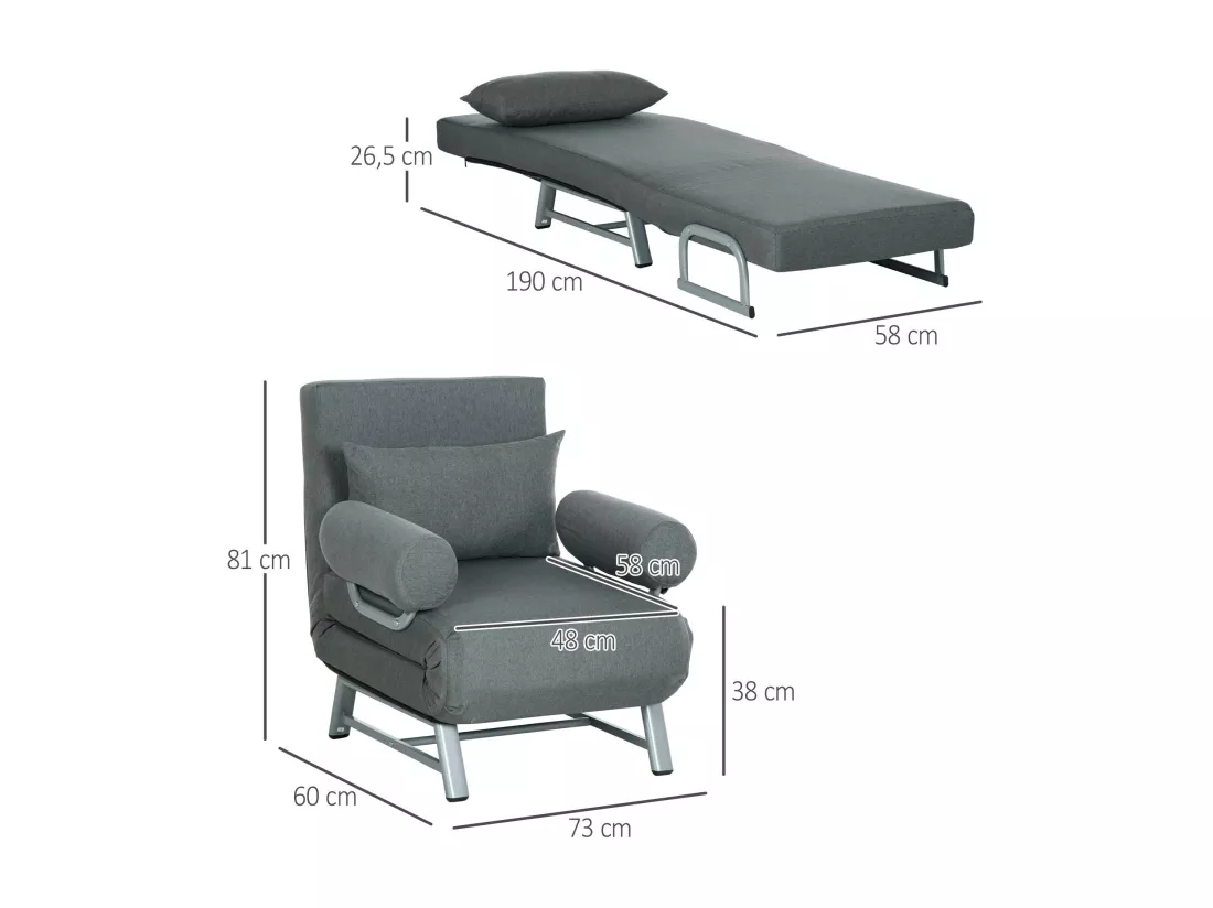 Fauteuil chauffeuse canapé-lit convertible inclinable 1 place grand confort coussin lombaires accoudoirs piètement métal lin gris foncé